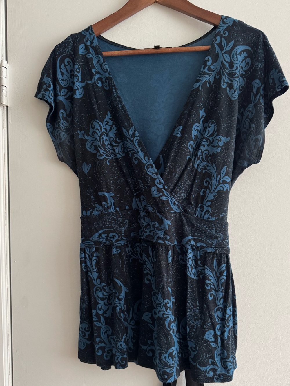 Express Blue and Black Wrap-Style Floral Top